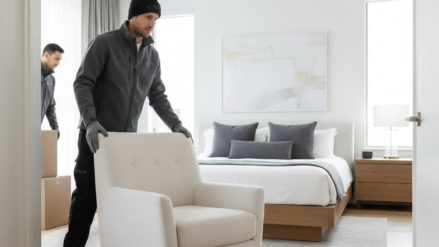 Elite Anywhere handler placing a boucle armchair in a bedroom during a white glove furniture delivery