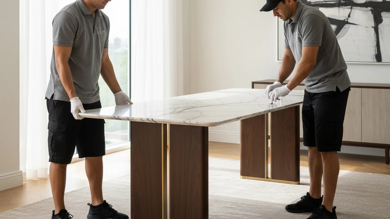 Elite Anywhere white-glove crew placing a marble table in a modern home