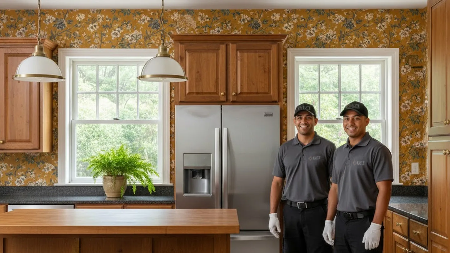 Elite Anywhere crew in white gloves in a finished kitchen after completing a white glove delivery