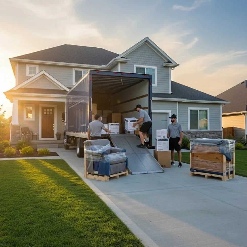 Crated furniture delivered to a suburban home