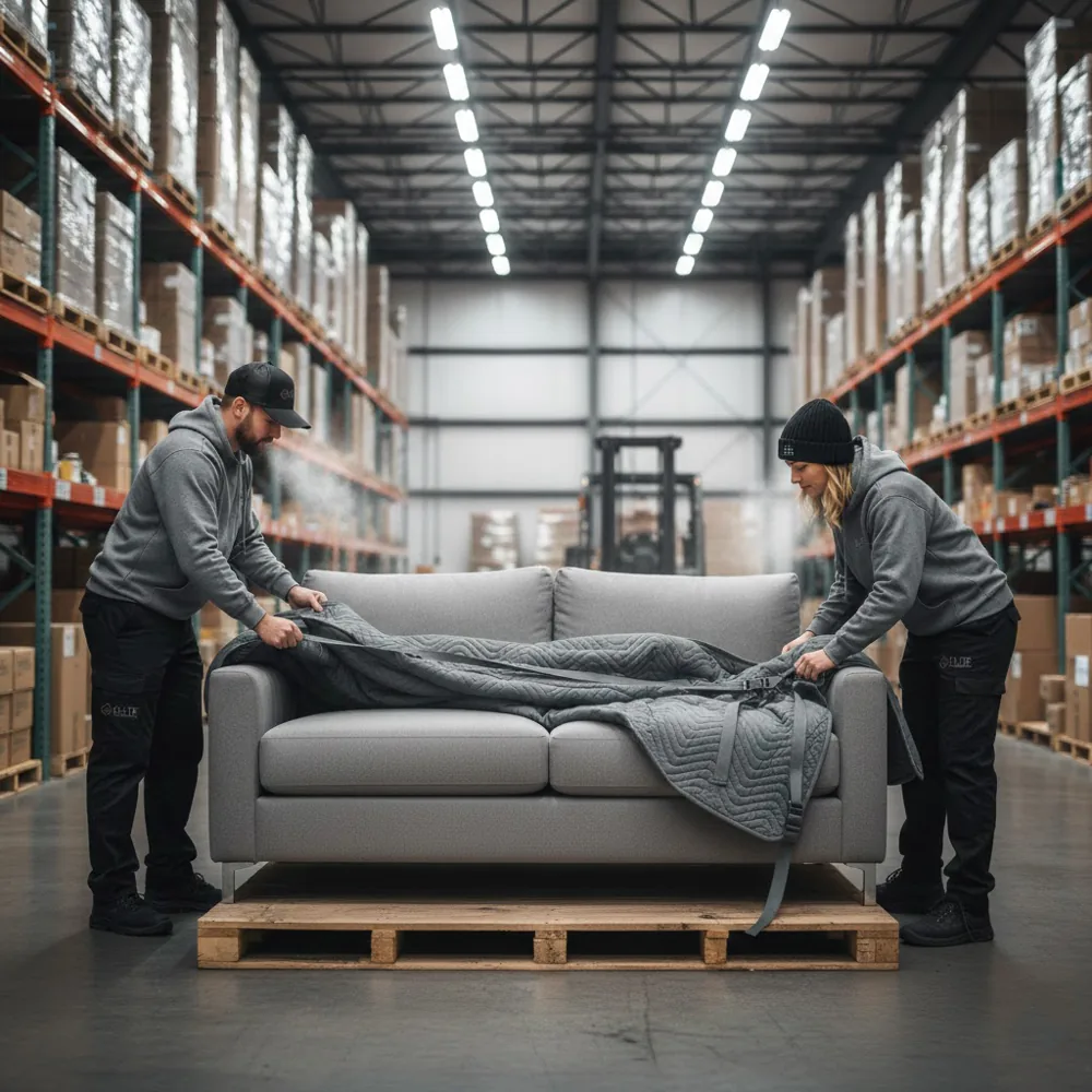Furniture blanket-wrapped and protected in the warehouse