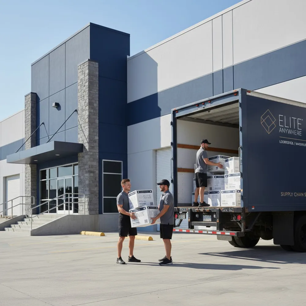 Branded boxes unloaded at the receiving warehouse