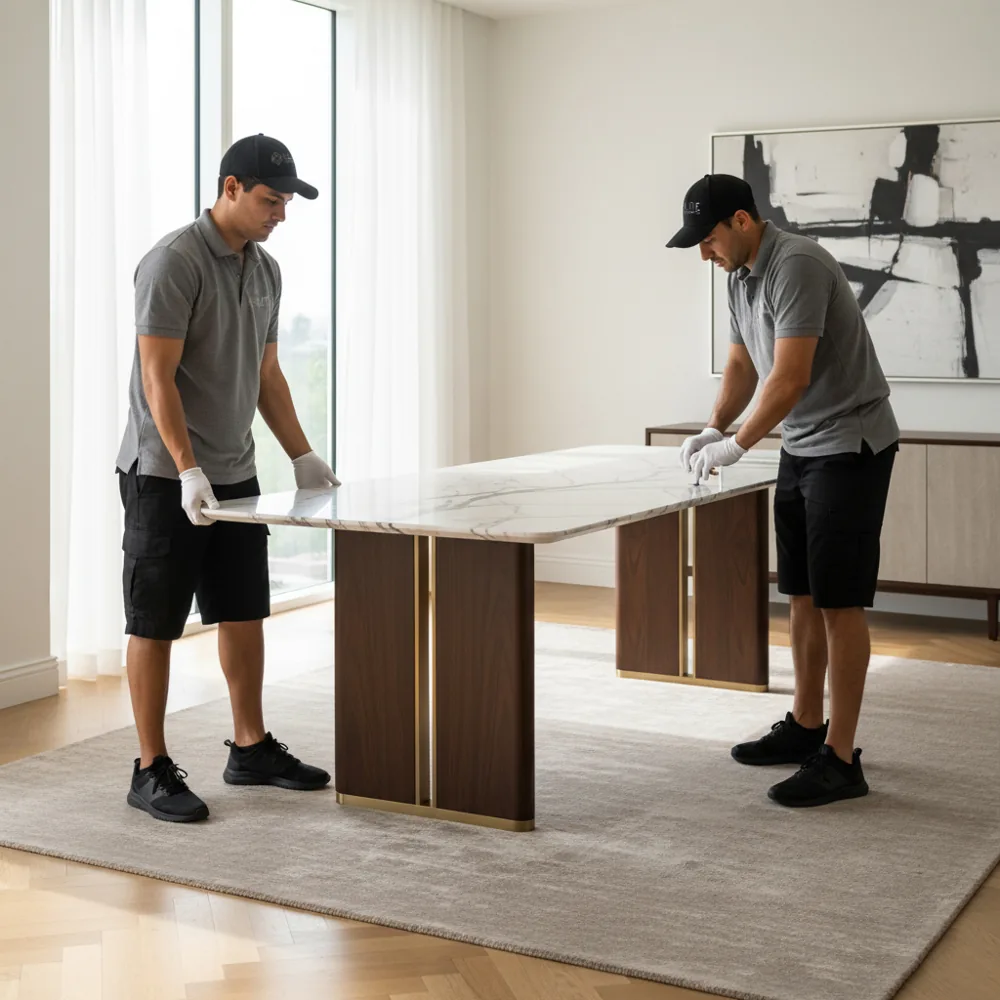 White glove crew placing a marble table with care